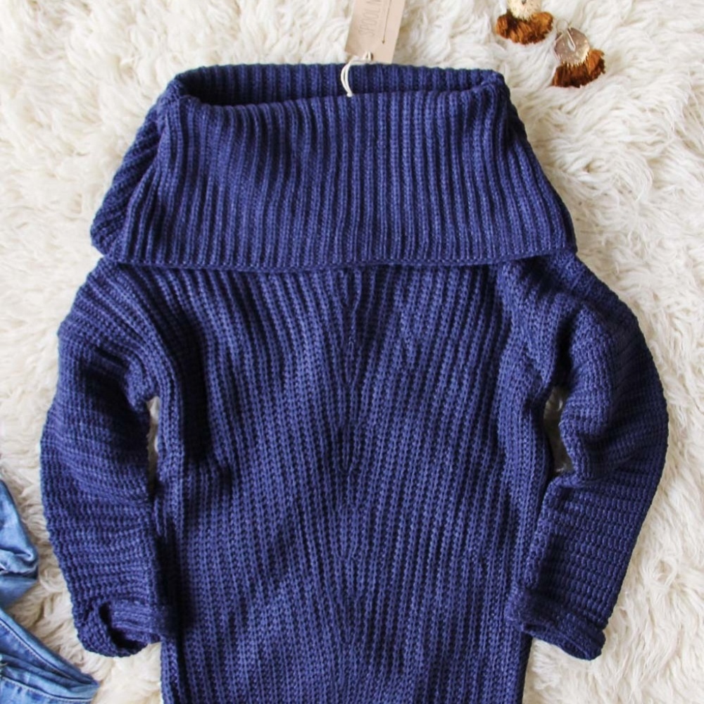 Gemma Cozy Knit Off The Shoulder Sweater in Navy